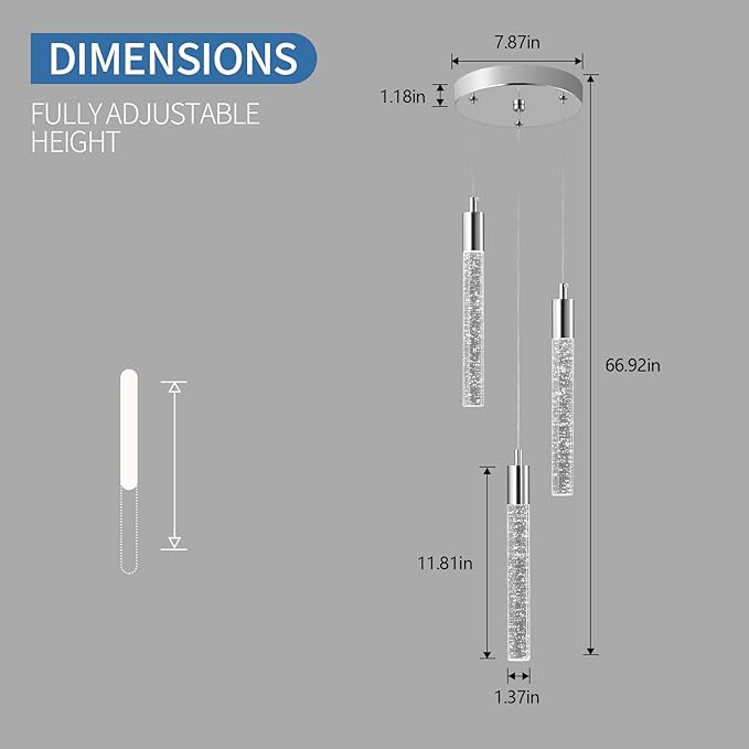 Modern Light Fixture Kitchen Island Pendant Light Dimmable LED Chrome Pendant Lights Mini Crystal Pendant Lighting for Bedroom Dining Room Living Room（3-Light ）