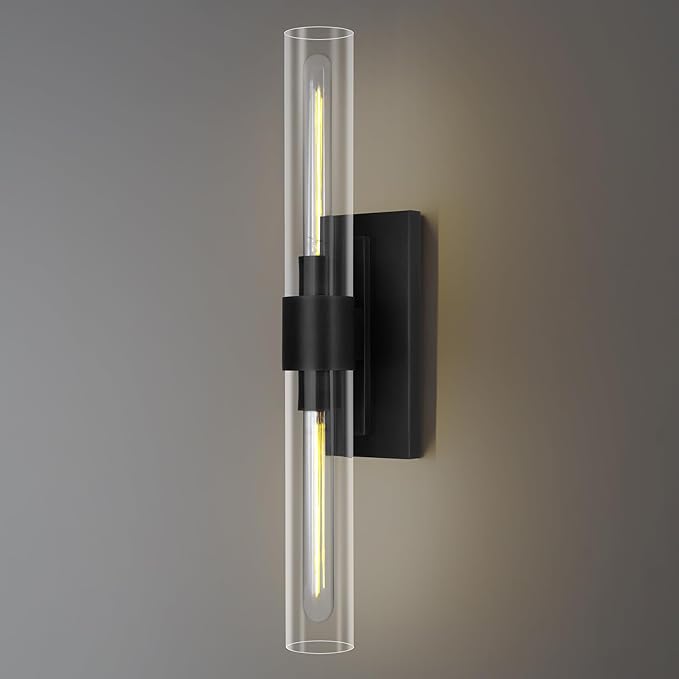 Bathroom Black Vanity Wall Sconces, 2-Light Glass Tube Wall Sconces, 24" Sconces Wall Lighting, Horizontal or Vertical Linear Vanity Light,Bathroom Vanity Light,E26 Bulb Included