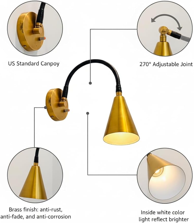 Industrial Metal Cone Sconce Light - Vintage Brass Gold Wall Sconces Lighting Fixtures with Metal Shade -Wall Mount Swing Arm Lamp for Bedroom, Kitchen, Hallway, Living Room, Reading (Black Brass)