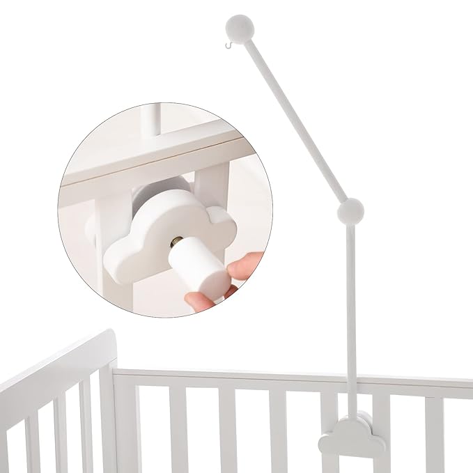 OESSUF Baby Crib Mobile Arm, 24 Inch Wood Hanger, White Cloud Design, Nursery Mobile Holder for Cot Bed (White)