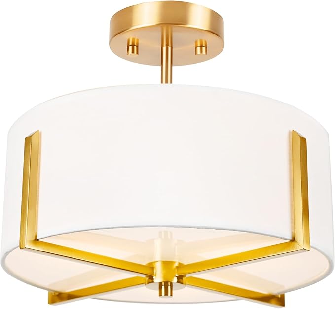 3-Light Semi Flush Mount Ceiling Light Fixture, 13.7" Gold Drum Light with White Fabric Shade, Modern Close to Ceiling Lamp for Living Room Bedroom Dining Room Kitchen Hallway Entry Foyer