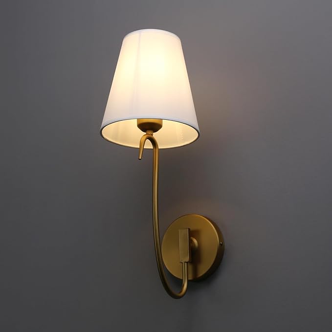 PERMO Antique Wall Sconce with White Fabric Shade, E26 Hardwired Wall Light, Goose-Neck Design for Bedroom, Living Room, Hallway
