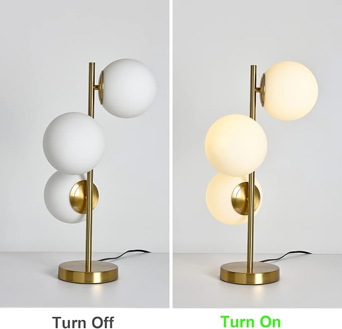 Gold Globe Table Lamp Mid Century Modern Desk Lamp 3-Light Side Table Lamp Bedside Lamp with 5.9" Milk White Glass Shade End Table Lamps for Bedroom Living Room Office Study Room