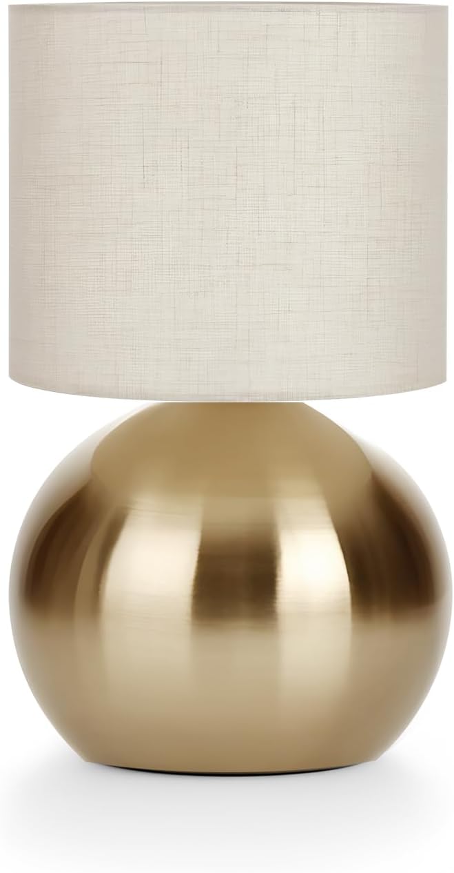 Modern Golden Small Table Lamp with Cotton Linen Shade, 10.4-inch LED Desk Light, One-Button Switch for Bedroom, Living Room, Nightstand, Includes Warm Light Bulb