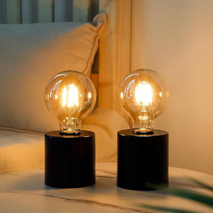 JHY DESIGN Set of 2 Black Table Lamp Battery Powered 7" Tall Cordless Lamp Light with Edison Style Bulb Battery Operated Great for Living Room Bedroom Weddings Parties Indoors Outdoors