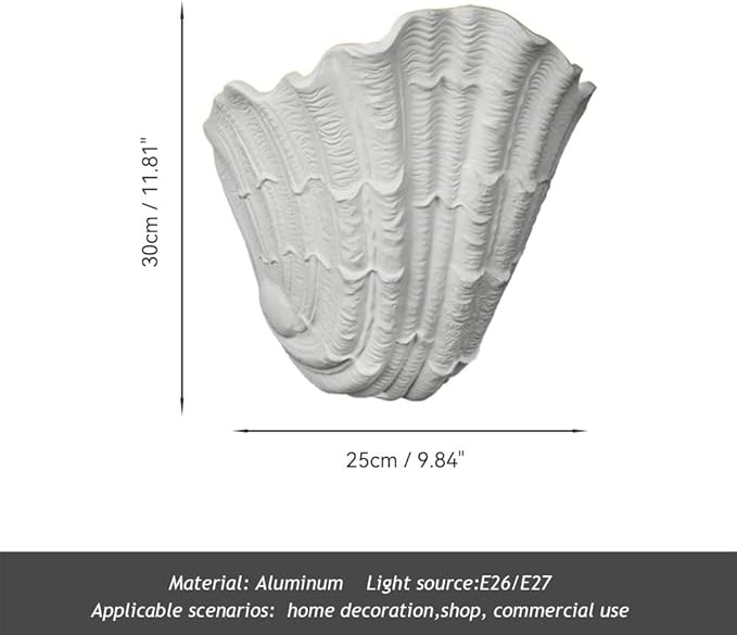 Modern Nordic Shell Wall Sconce, White Plaster LED Uplight (3000K Warm), Unique Seashell Design, Indirect Ambient Lighting for Bedroom, Living Room, Dining Room, Hallway Decor.(30cm/11.81")