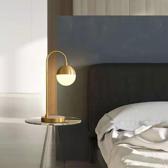 Mid Century Modern Table Lamp - Gold & White Glass Shade for Bedside, Living Room, Office