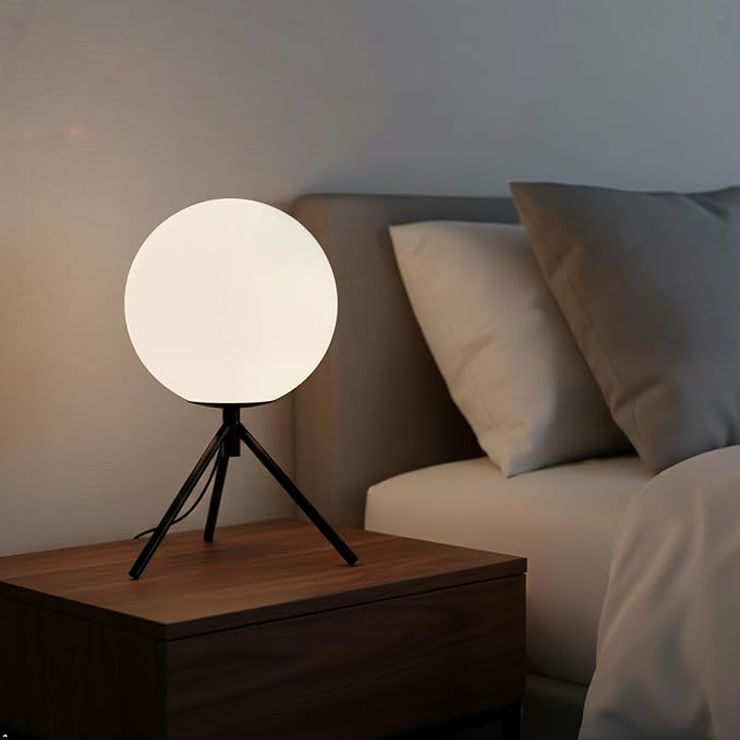 Modern Globe Table Lamp Milk White Glass Table Lamp Small Bedside Lamp Nightstand Lamp with Black Tripod Base Minimalist Ball Reading Desk Lamp for Bedrooom Living Room Office Study Room