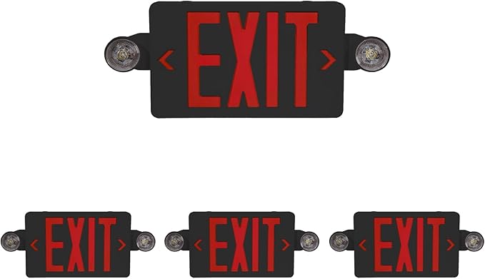 CM MZY Exit Sign with Emergency Lights, Exit Signs Light with Battery Backup,Red Emergency Lights with Black Housing, Two Adjustable Heads, Combo for Business,AC 120V/277V, UL Certified,4 Pack