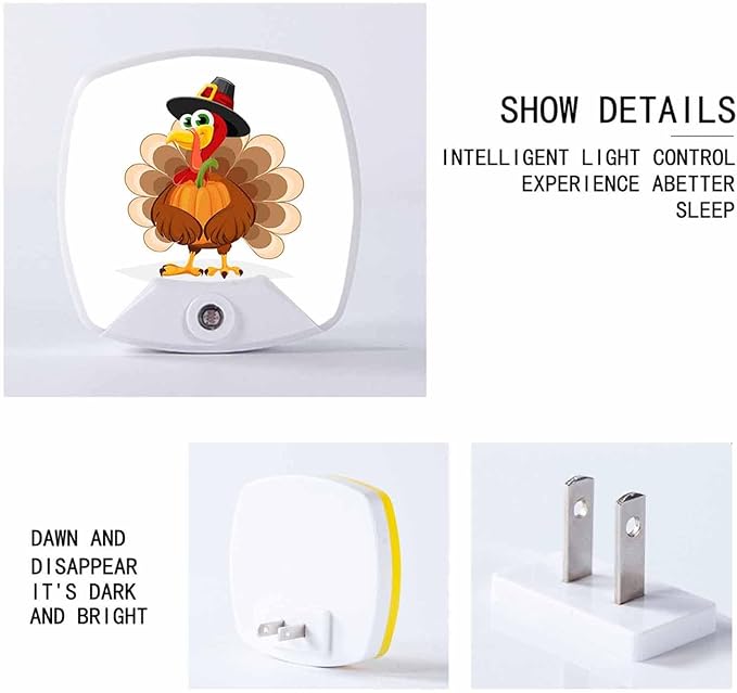 LED Square Night Light,Thanksgiving Day Turkey LED Night Light Plug into Wall with Dusk to Dawn Light Sensor White Energy Efficient Nightlight for Bedroom Bathroom Hallway Living Room Kitchen