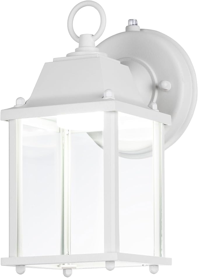 LIT-PaTH Small Outdoor LED Wall Lantern with Dusk to Dawn Photocell, 5000K Daylight White, 9.5W, 800 Lumen, Aluminum Housing Plus Glass, Outdoor Rated, 1-Pack, White