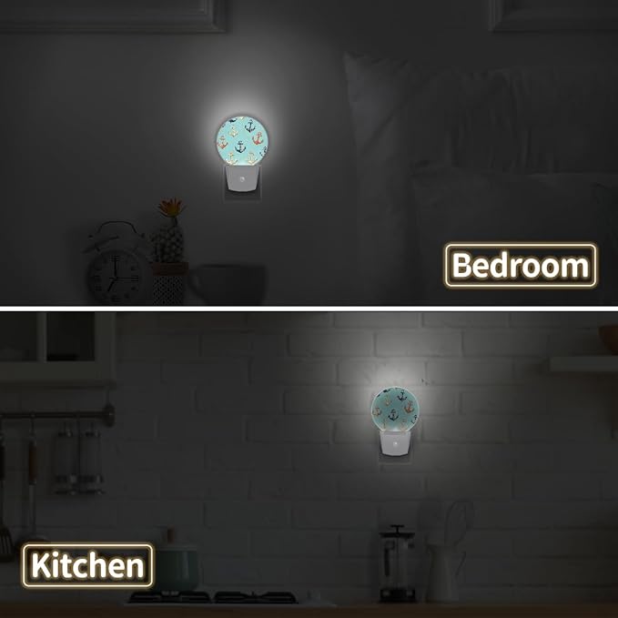 Round Night Lights Ocean Nautical Anchor LED Nightlight Plug in Dust to Dawn Auto On/Off Night Light for Bedroom Bathroom Hallway, 2 Pack
