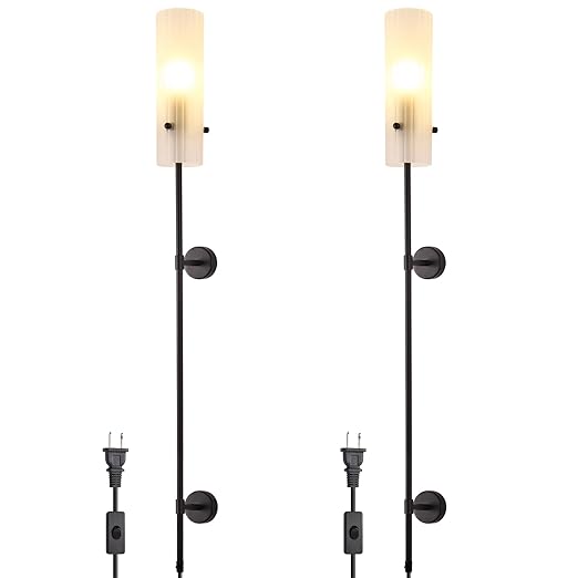 Modern Plug in Wall Sconce LED Wall Light Set of Two with On Off Switch, Cylindrical Frosted Glass Plug in Sconce for Living Room Wall Decro, Bedroom, Hallway