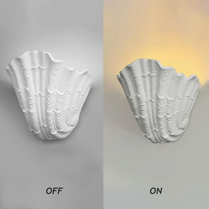 Modern Nordic Shell Wall Sconce, White Plaster LED Uplight (3000K Warm), Unique Seashell Design, Indirect Ambient Lighting for Bedroom, Living Room, Dining Room, Hallway Decor.(30cm/11.81")