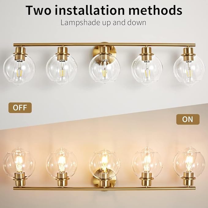 Bathroom Light Fixtures Over Mirror 5-Lights Bathroom Vanity Light with Clear Glass Shade 37.5 inch Modern Wall Sconce Gold Vanity Lighting for Bath