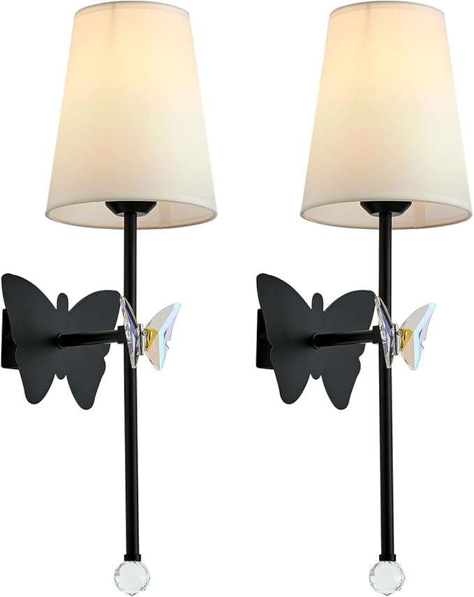 Black Wall Lights Battery Operated Set of 2, Rechargeable Wall Lights with Butterfly, Battery Powered Sconces Indoor Wall Lamps for Bedroom Living Room Hallway Stairs Bathroom