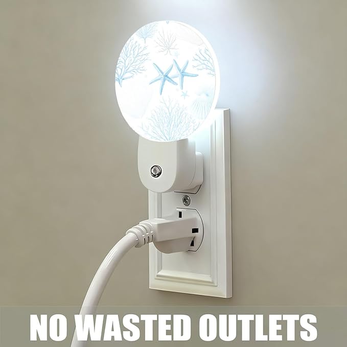 Plug-in Coastal Blue Seaside Pattern Night Light Starfish Shells and Coral Nightlight with Dusk to Dawn Sensor, Auto On/Off 0.5W Energy-Saving LED Lighting Sleep Friendly