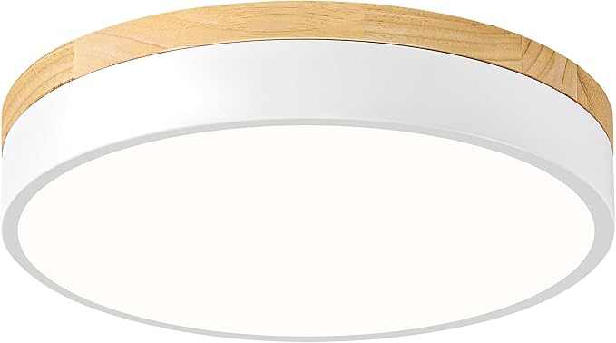 Dimmable Wood LED Ceiling Light Fixture, 5CCT 2700K-6000K Modern White Flush Mount Ceiling Lighting, Minimalist Round Ceiling Lamp for Bedroom, Kitchen, Laundry Room, Hallway, 11.81in