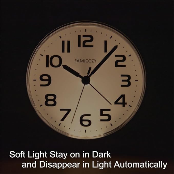 FAMICOZY Automatically Backlighted Alarm Clock,Silent No Ticking for Seniors Vision Impaired,Easy to Set,Big Numbers,Ascending Alarm,Gentle Wake,Snooze,2 AA Battery Operated,White