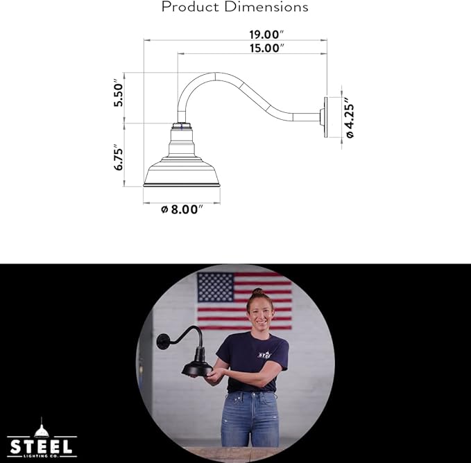 Steel Lighting Co. Hawthorne Barn Light | Outdoor Wall Mounted | 8 inch Dome | 16 inch Gooseneck| Small Farmhouse Light Made in America | Black Exterior/White Interior