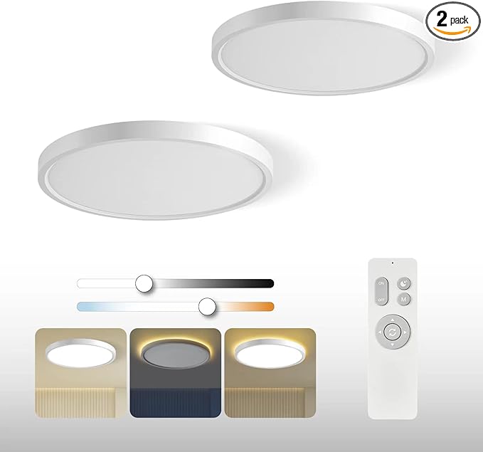 Roomratv Flush Mount Ceiling Light Fixture 2 Pack with Remote Control, Nightlight Warm 3000K, 12inch 28W Round Modern Ceiling Light, 3 Light Color Changeables, Brightness(10% to 100%) Adjustable