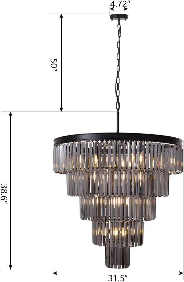 TOCHIC Black Crystal Chandelier for Living Room, 31.5 inch 5-Tiers Modern K9 Smoke Grey Chandeliers Light Fixture for Dining Room, Round Raindrop Large Chandelier for High Ceiling, Staircase, Foyer