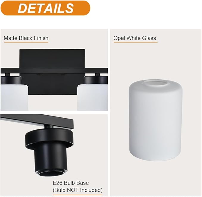 VINLUZ Bathroom Vanity Lights, 4-Light Classic Wall Sconce Lighting Fixtures Matte Black Finish with Milky White Frosted Glass Shades for Bedroom Cabinet Stairs