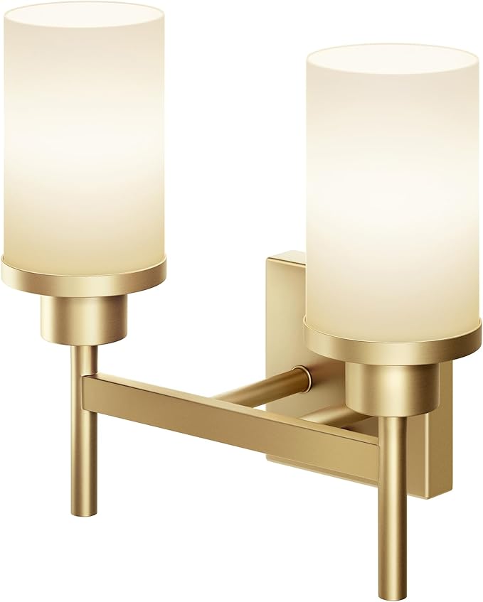 Vanity Lighting Fixtures with White Frosted Glass Shade, Double Wall Lamps for Bathroom Mirror Bedroom Living Room Washroom Porch, Gold T001GD-L2
