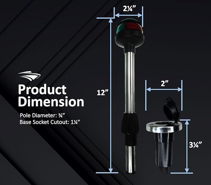 Pactrade Marine LED Green Red Navigation Bow Light 12" SS304 Pole Collar Plug-in (With 2-Prong Nylon Base Black Socket)