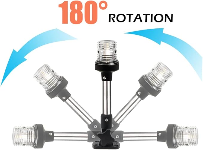 Young Marine Boat Anchor Light 3-Nautical Mile White LED Fold Down Stern Light for Pontoon and Fishing Boat All Round 360° White LED 12-24V (12" Foldable)