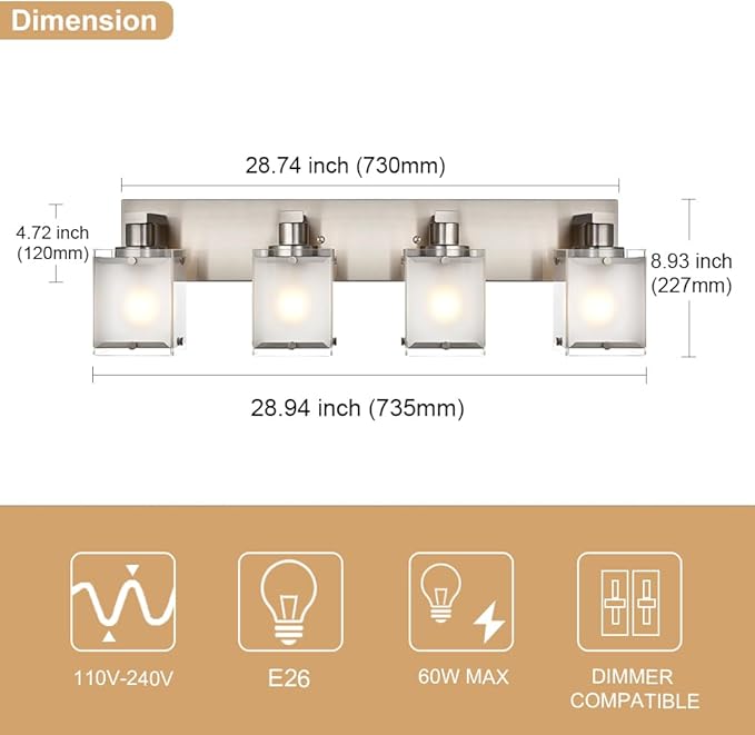 4-Lights Bathroom Light Fixtures Over Mirror, Brushed Nickel Vanity Wall Mounted Lighting with Frosted Glass for Kitchen Living Room, E26 Bulb Base