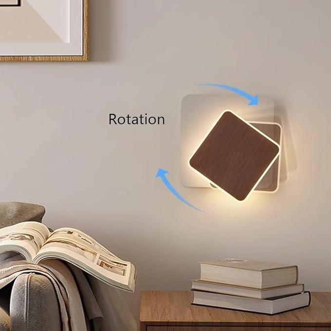 Minimalist Wall Sconce, Rotatable Square Light, Walnut Wood Grain Finish, Acrylic LED Lamp, Geometric Design for Bedroom Living Room Hallway, Nordic Style Ambient Lighting.(17.5cm)