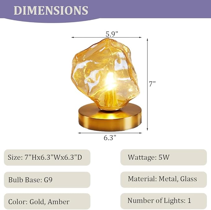Meefad Modern Glass Table Lamp Ice Cubes Shaped Bedside Nightstand Lamp Small Decorative Night Light for Bedroom Living Room Amber Finish