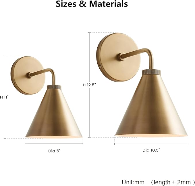 Retro Industrial Metal Cone Sconce Light - Vintage Inspired Modern Brass Wall Sconce with Metal Shade, Wall Mount Lighting for Bedroom, Hallway, Living Room (6“W x 6" L x 11" H Brass)