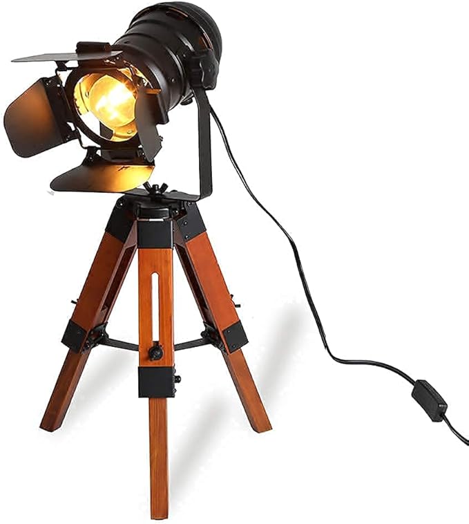 Modern Industrial Vintage Tripod Floor Table Lamp - Metal Wooden Nautical Cinema Standing Searchlight - Reading Desk Light for Living Room Movie Theatre Decoration Adjustable Height (Black+Wood)