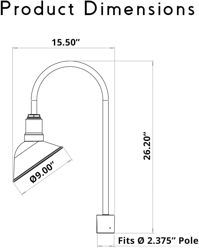 Steel Lighting Co. Venice Light | Outdoor Pole Top Mounted | 9 inch Dome | Upslope Gooseneck with Slip Fitter for 2-3/8" Standard Poles | Made in America | Matte Black Exterior/Brass Interior