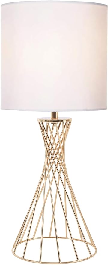 Gold Table Lamp, Nightstand Lamp, Small Cute Desk Lamp, Modern Bedside Lamp with White Fabric Shade, Metal Geometric Hollow Out Base Lamps for Living Room Bedrooms Kids Room