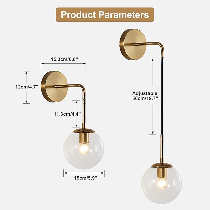 KCO Modern Glass Globe Wall Sconce Set of Two Minimalist Gold Wall Light Fixture with Adjustable Cord Brass Round Glass Wall Mounted Reading Lamp (Clear-2PC)