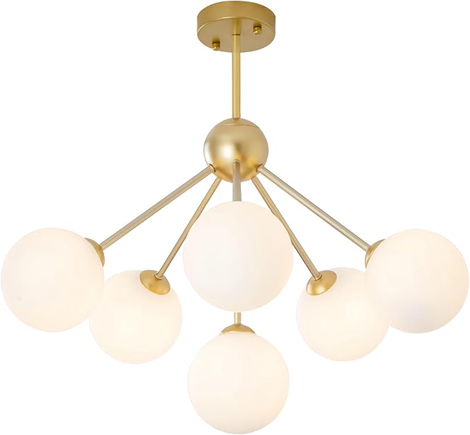 KCO Lighting 6-Light Frosted White Glass Globe Sputnik Chandelier Modern Gold Flush Mount Ceiling Light Mid-Century Close to Ceiling Light Fixture for Foyer Hallway Entry