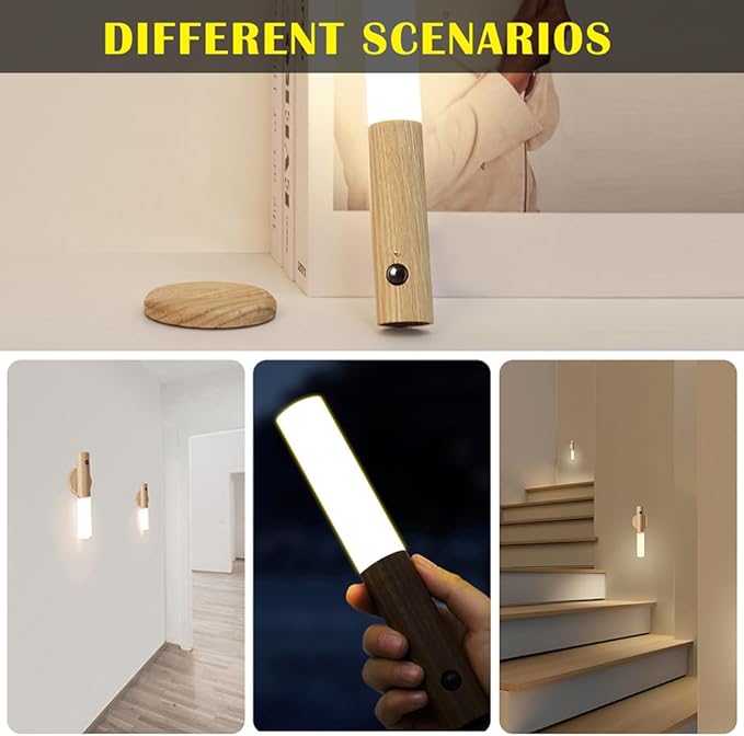 LANDGOO Wooden Motion Sensor Lights Indoor, Magnet Body Hallway Rechargeable LED Wireless Battery Operated Wall Sconce, Portable Decor Torch Night Lighting for Bedroom (Walnut Wood 2PCS)