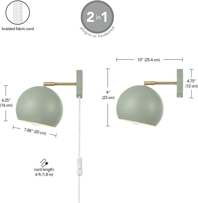 GLOBE Electric 65866 Willow 1-Light Plug-in or Hardwire Wall Sconce, Sage Green, Matte Brass Accent, Bulb Not Included