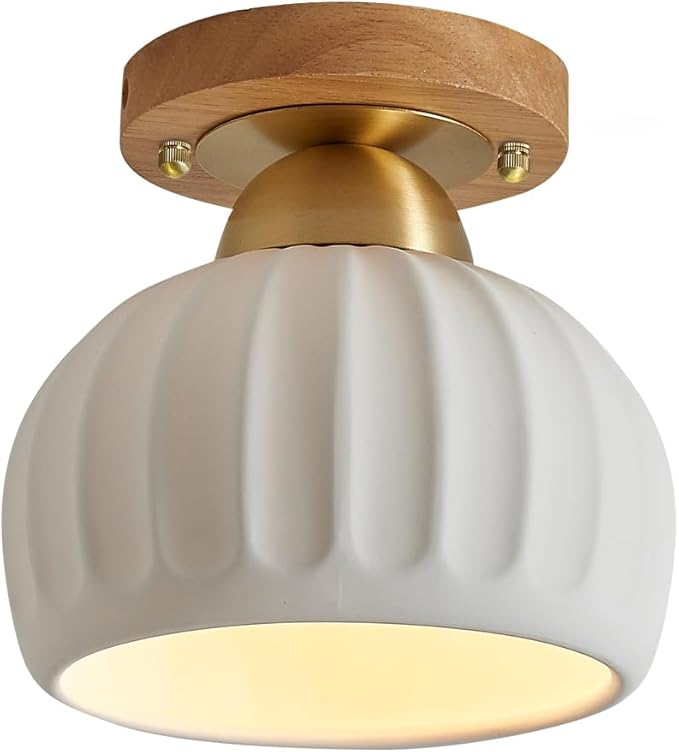 White Ceramic Wood Brass Base Semi Flush Mount Ceiling Light Vintage Hallway Light Fixtures, Modern Small Flush Mount Ceiling Light Lamp for Hall Kitchen Entryway Passway Porch Foyer