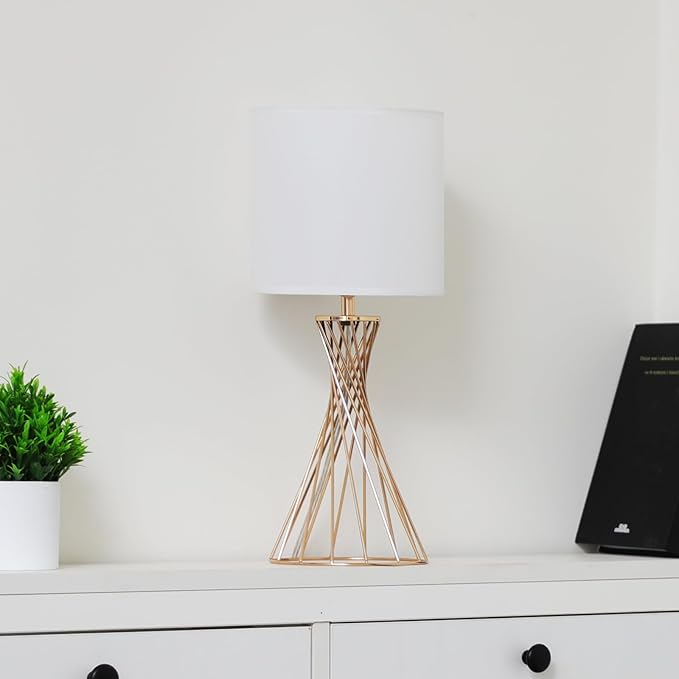 Gold Table Lamp, Nightstand Lamp, Small Cute Desk Lamp, Modern Bedside Lamp with White Fabric Shade, Metal Geometric Hollow Out Base Lamps for Living Room Bedrooms Kids Room