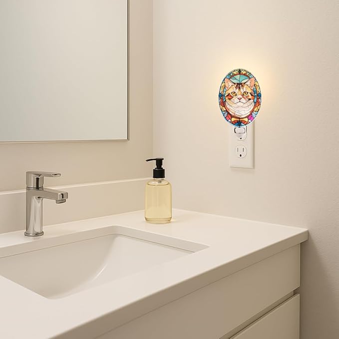 Persian Cat Stained Glass Styled Cat Night Light, Real Glass Plug-in Night Light with Vertical Outlet and On/Off Switch for Bedroom, Bathroom, Hallway, Home Decor