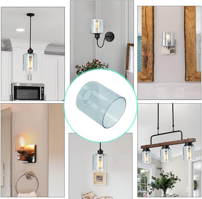 2 Pack Blue Seeded Glass Lamp Shades, Cylinder Light Fixture Replacement Globe or Cover with 1-5/8-Inch Fitter for Chandelier Wall Sconce Pendant Light G0129-Cylinder Bubble 2 Glass Blue