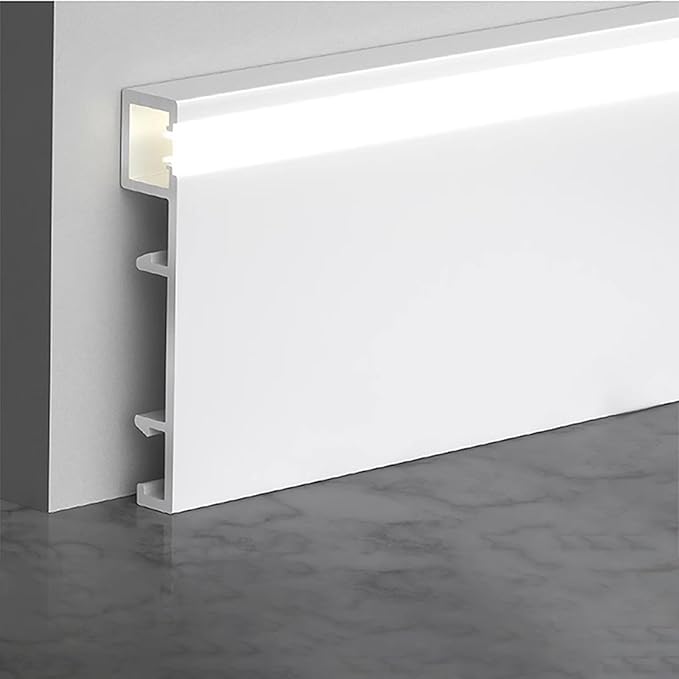 4 Pack LED Aluminum Metal Baseboard Trim 80 x 2500mm 3.15” x 8.2’ Total 32.8 ft 10 Meters, Pearl White LED Light Aluminum Wall Base Board Cover Molding Skirting Trim, Surface Base Mounted Side Light