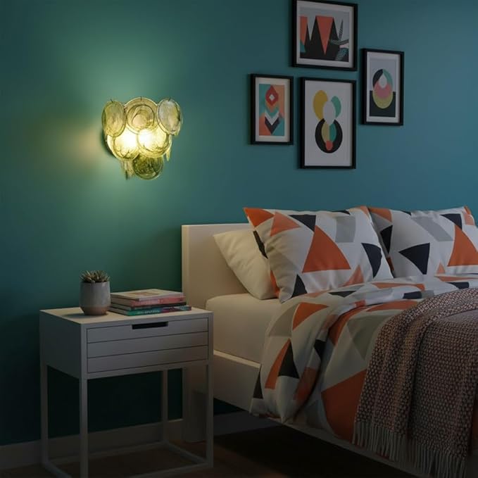 Modern Artistic Wall Sconce, Iridescent Layered Glass Disc Wall Lamp, Unique Creative Decorative Lighting Fixture, for Bedroom, Living Room, Hallway, Entryway Decor(Red)