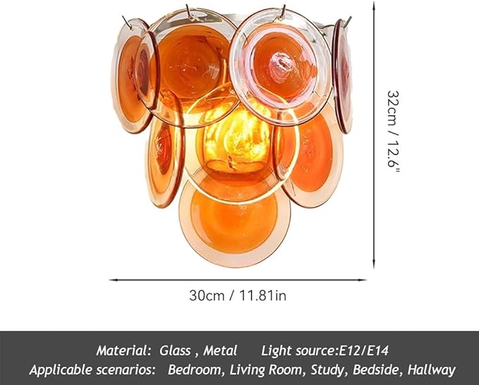 Modern Artistic Wall Sconce, Iridescent Layered Glass Disc Wall Lamp, Unique Creative Decorative Lighting Fixture, for Bedroom, Living Room, Hallway, Entryway Decor(Red)