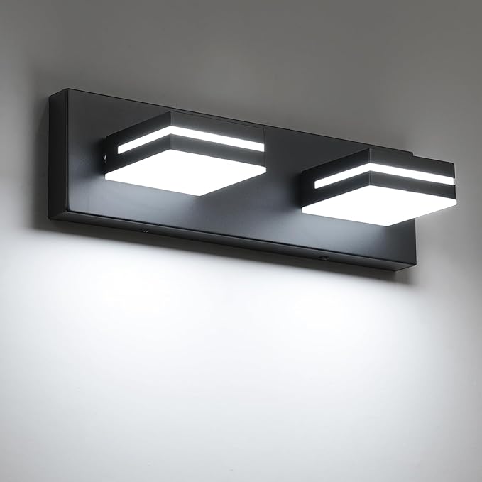 SineRise LED Modern Bathroom Vanity Light Fixtures (2-Light, 15.5-Inch), Matte Black Modern Acrylic Bathroom Wall Lighting Fixtures Over Mirror (Cool White 6000K)