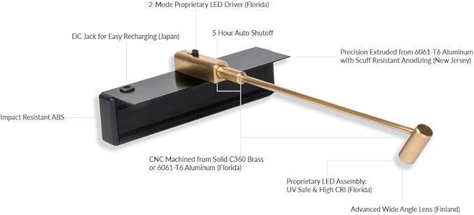 Situ Lighting: Cordless and Rechargeable LED Art and Picture Light - Rechargeable Micro Series - Brass - 3000K - USA Made